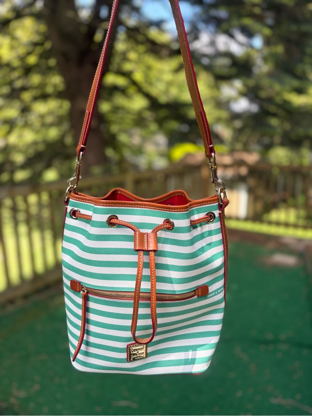 Dooney And Bourke Seafoam Teal Sullivan Striped Bucket Drawstring Bag